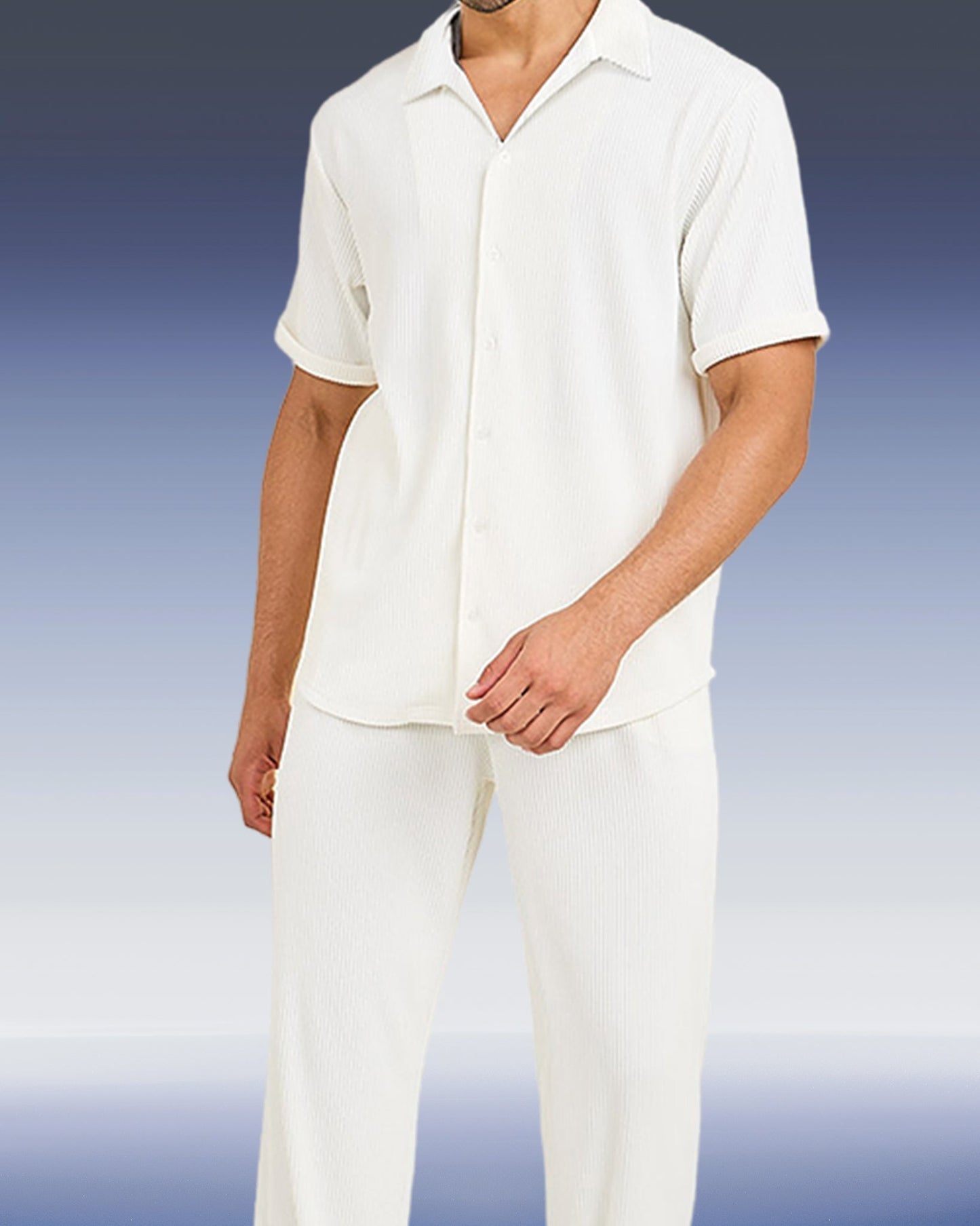 Men's White Textured Short Sleeve Shirt Casual Two-piece Set