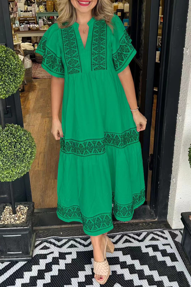 Geometric print patchwork V-neck A-line short-sleeved dress