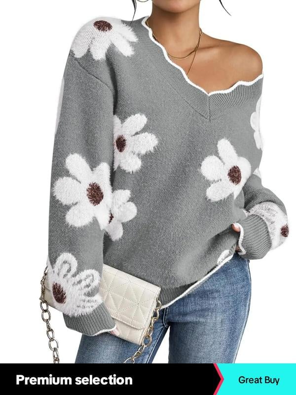 Women's Floral Pattern Scallop Trim Sweater