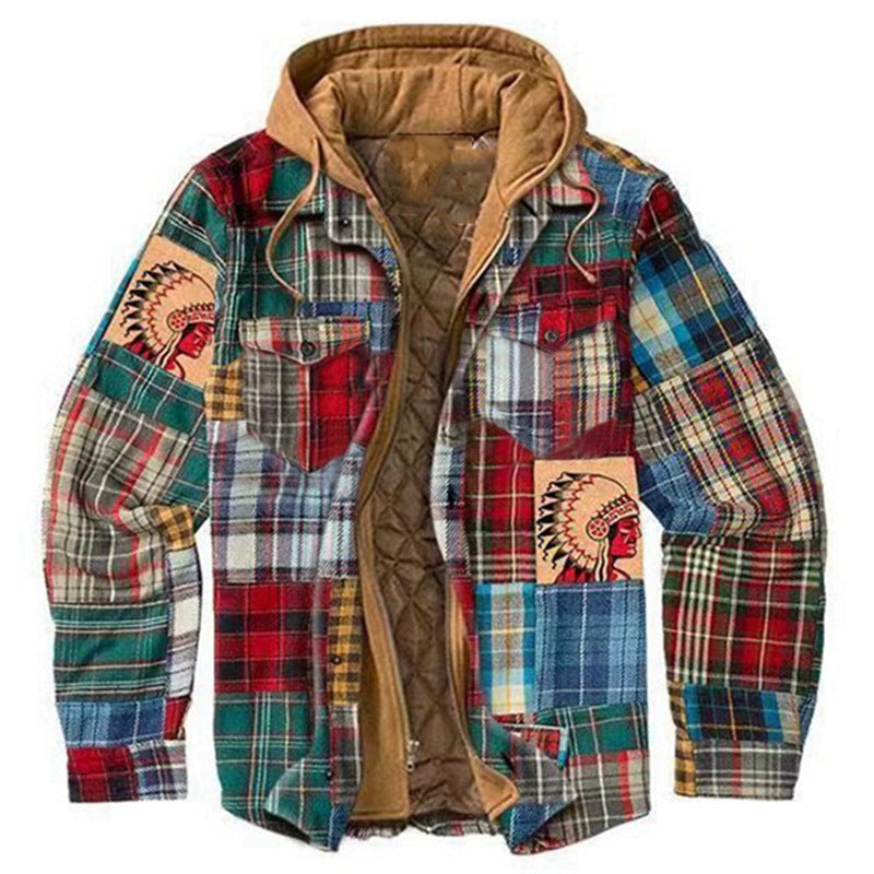 MEN'S CASUAL OUTDOOR THICK PLAID  FASHION WIND HOODED