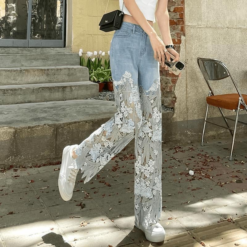 Handmade Hollow Lace Patchwork Jeans