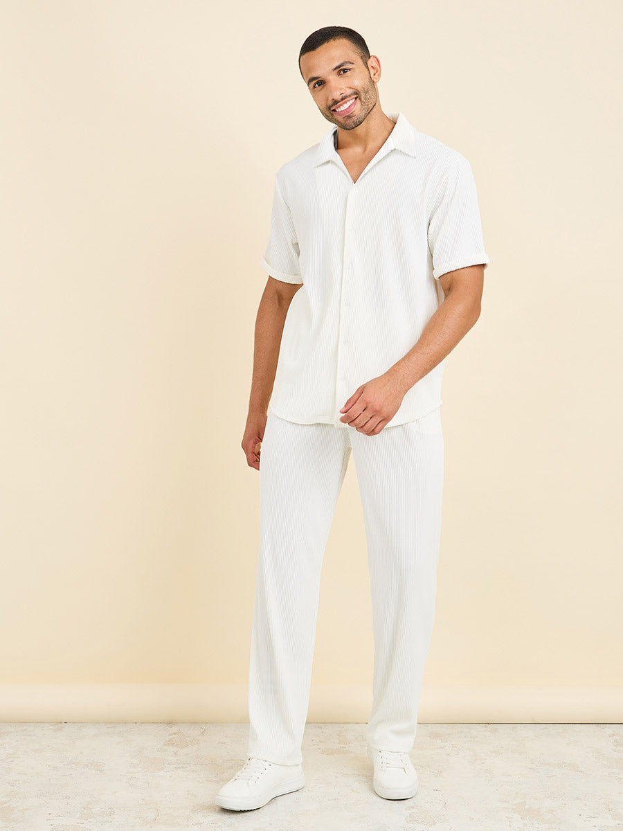 Men's White Textured Short Sleeve Shirt Casual Two-piece Set