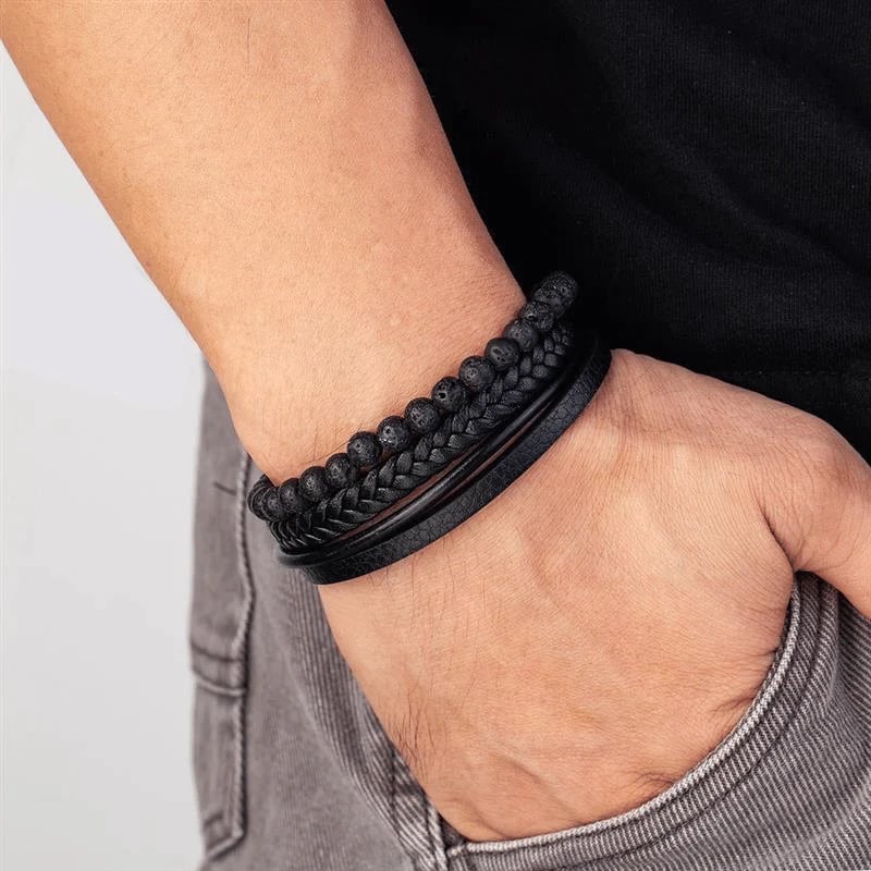 Natural Stone Obsidian Magnetic Buckle Men's Leather Bracelet