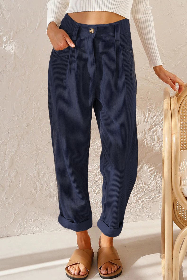 Mid Rise Button Zipper Side Pocket Corduroy Casual Pants