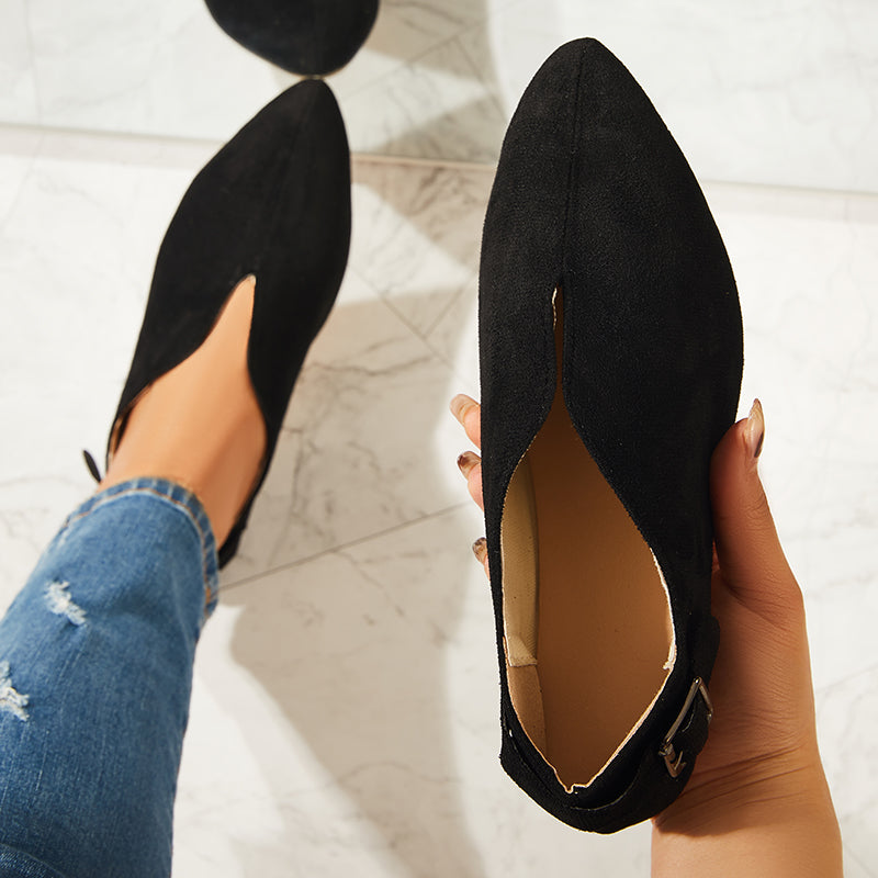 Black Round Toe V Cut Slip On Flat Loafers Soft Ballet Shoes