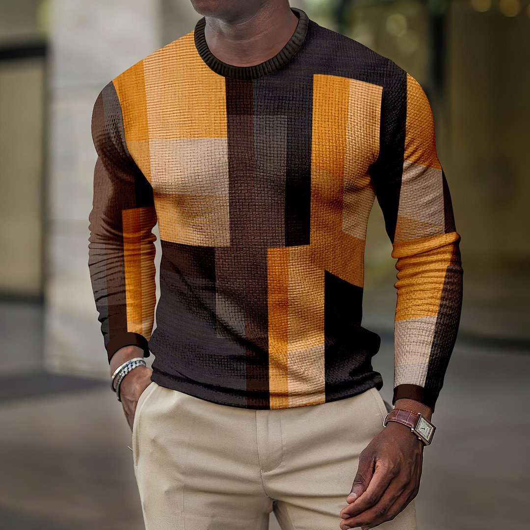 LONG SLEEVE FASHION CONTRAST COLOR ROUND NECK MEN'S TOP