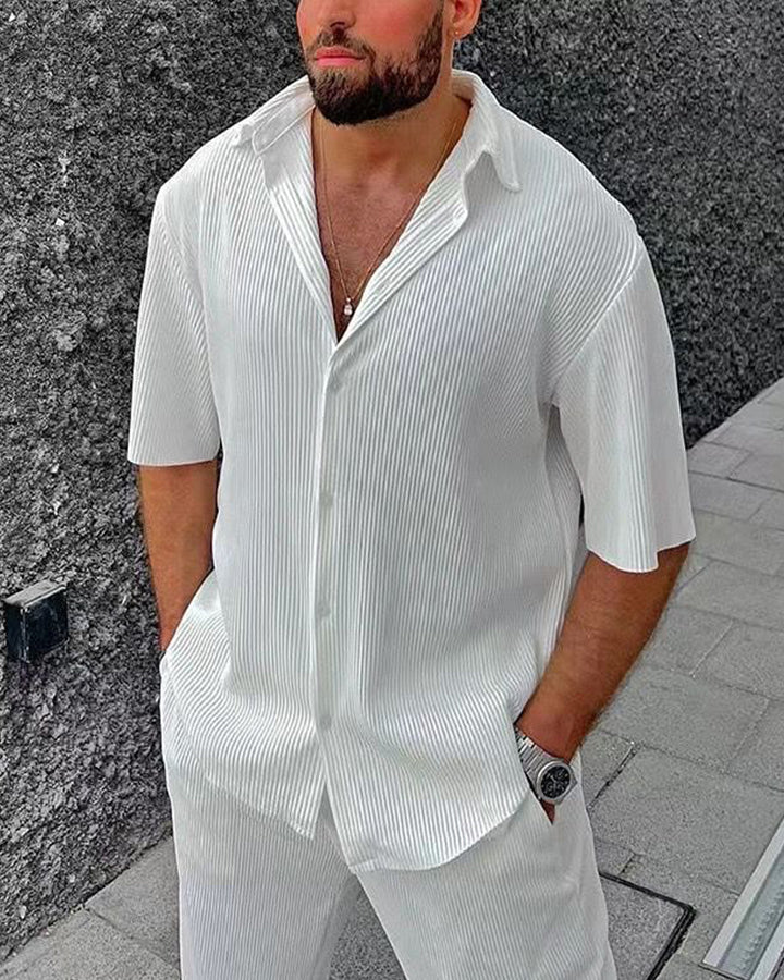 Men's White Textured Short Sleeve Shirt Casual Two-piece Set