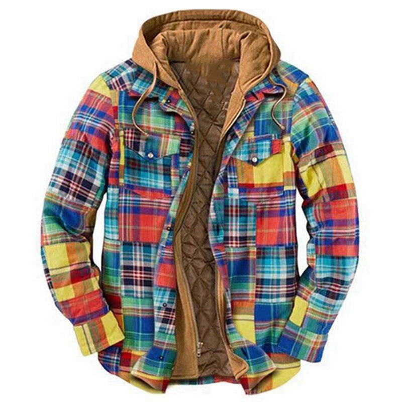 MEN'S CASUAL OUTDOOR THICK PLAID  FASHION WIND HOODED