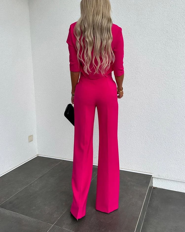 Fashionable and luxurious solid color jacket + high-waisted straight pants suit