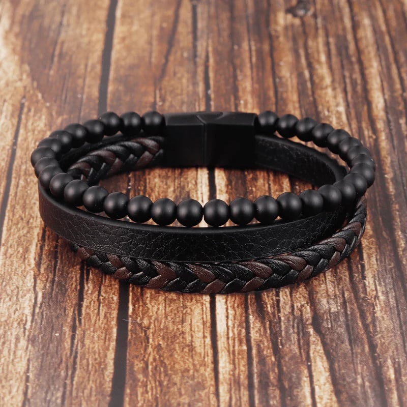 Natural Stone Obsidian Magnetic Buckle Men's Leather Bracelet