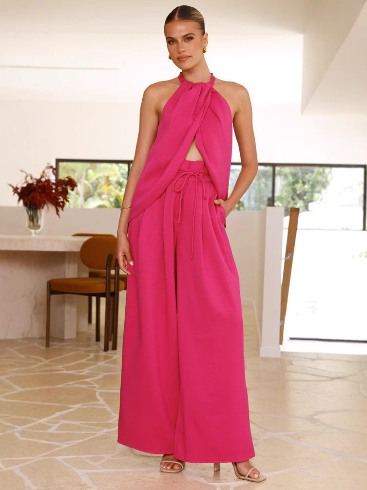 Hanging neck slit top and wide-leg pants set