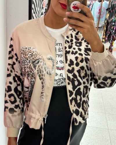 Leopard Unique Print Zipper Drawstring Hem Bomber Jacket (Buy 2 Free Shipping)