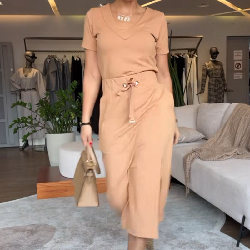 Women's V-Neck Top and Skirt Set