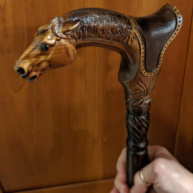 Designer Art Wooden Cane badass Walking Stick Horse with Saddle, Fancy decorative canes for ladies and men