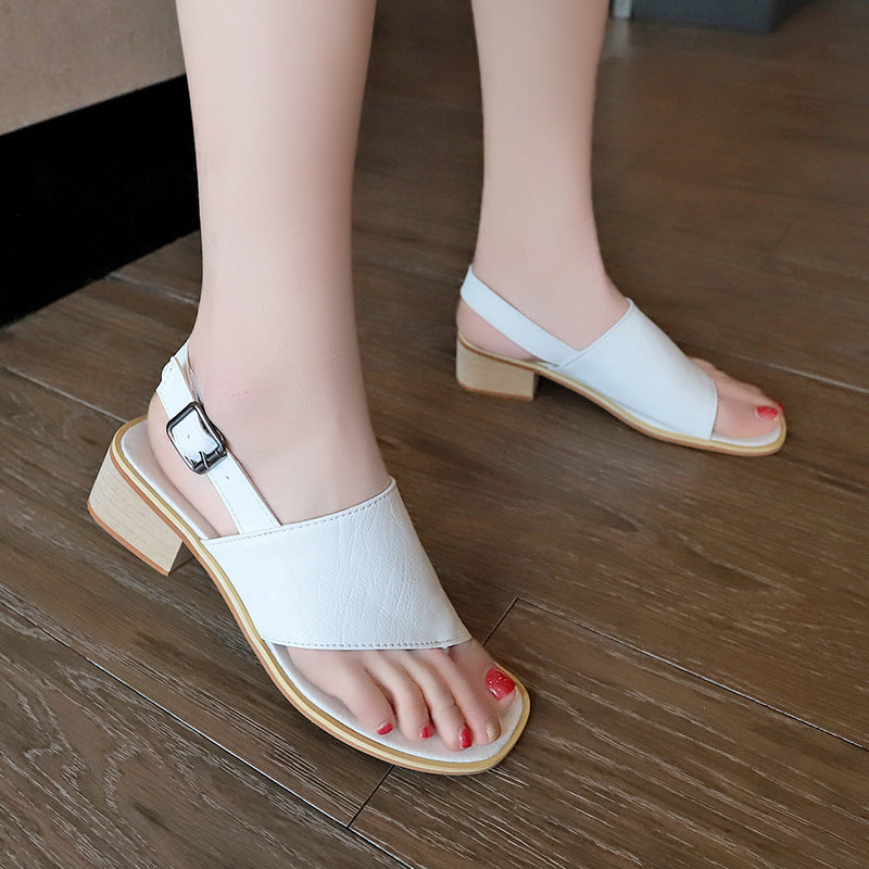 2023 summer casual  Rhinestone hollow chunky heel shoes and new belt buckle solid color plus size women's sandals