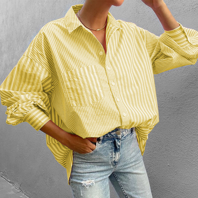 Collared Loose Long Sleeve Striped Shirt