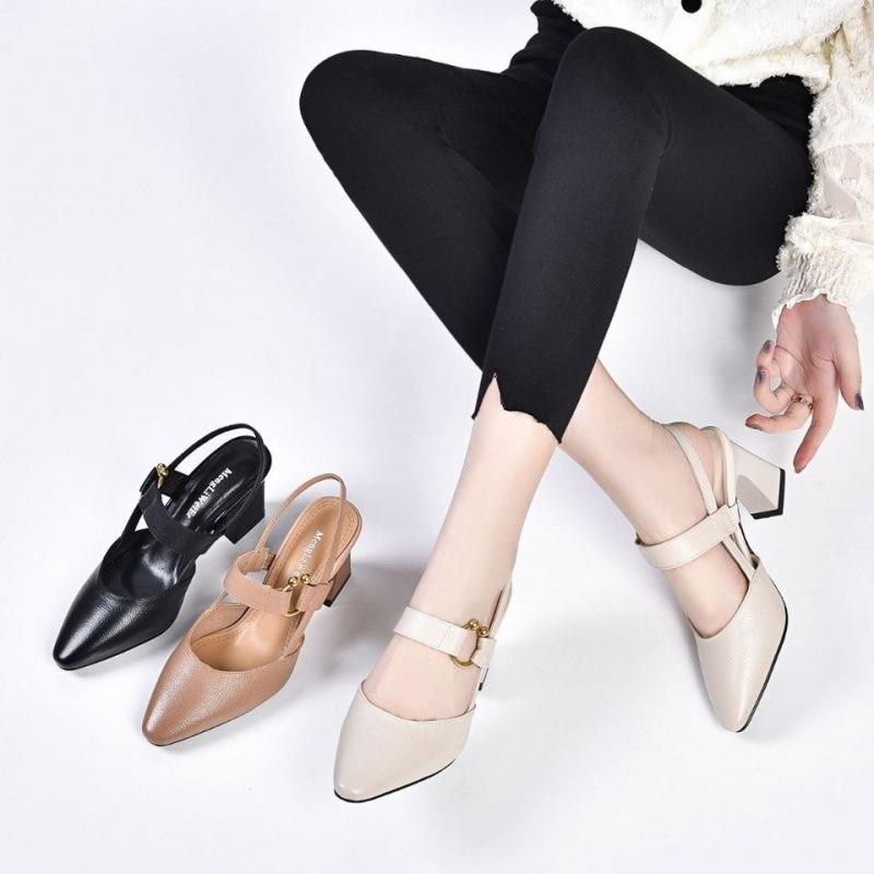 Genuine Leather Pointed Toe Horseshoe Thick Heel Sandals