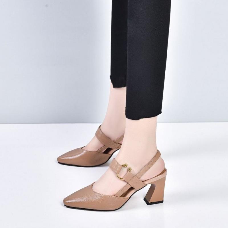 Genuine Leather Pointed Toe Horseshoe Thick Heel Sandals