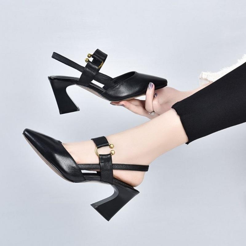Genuine Leather Pointed Toe Horseshoe Thick Heel Sandals
