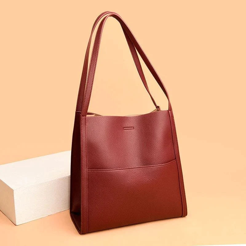 Solid color simple genuine leather shoulder bag