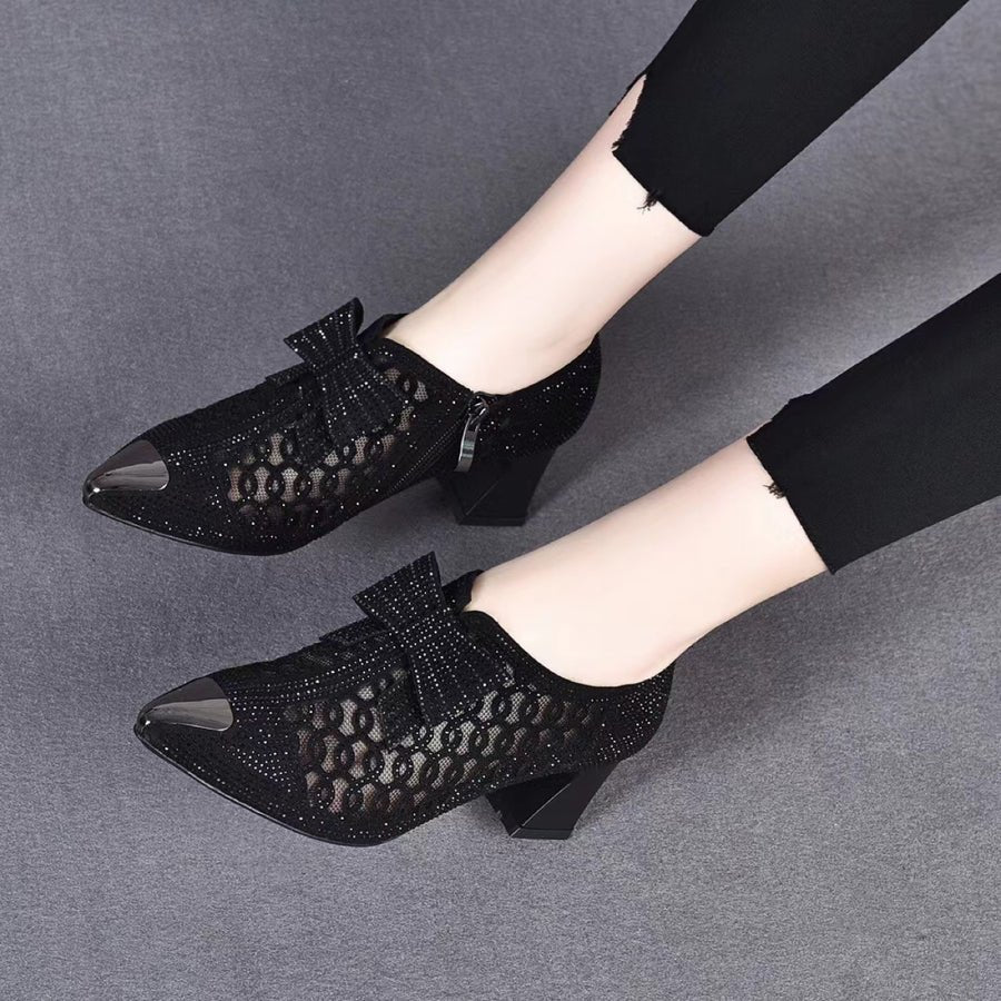 2023 summer casual  Rhinestone hollow chunky heel shoes and new belt buckle solid color plus size women's sandals