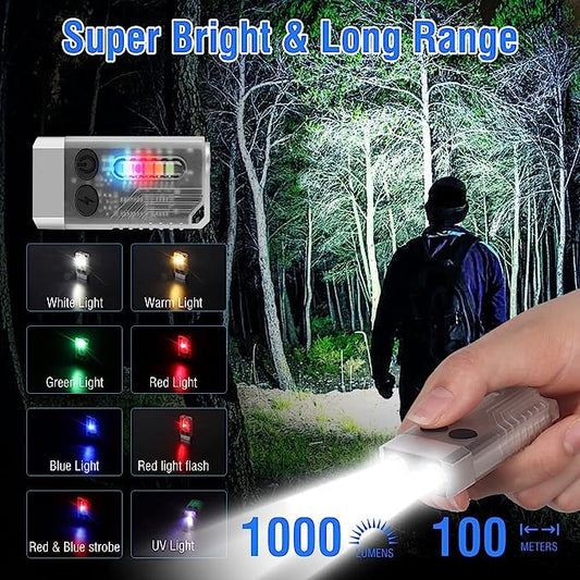 Small Powerful EDC Flashlight with Red UV Blue Light -Super Bright 1000LM