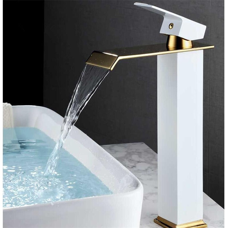 Hot and Cold Waterfall Basin Faucet - Brass Bathroom Tap in Gold and Black