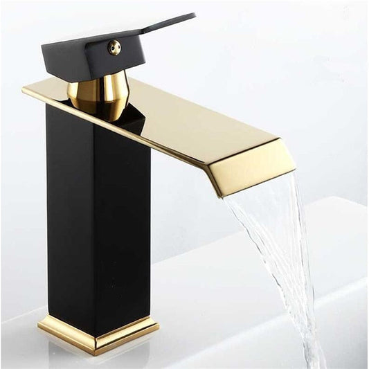 Hot and Cold Waterfall Basin Faucet - Brass Bathroom Tap in Gold and Black