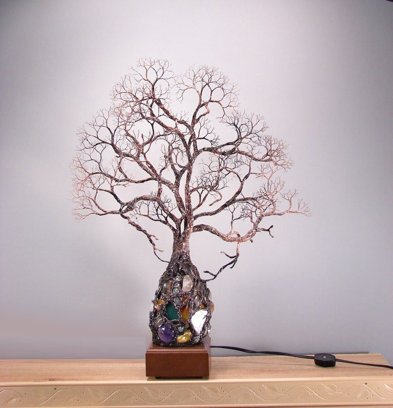 Ancient Tree Metal Sculpture Gemstone Accent Lamp 3D