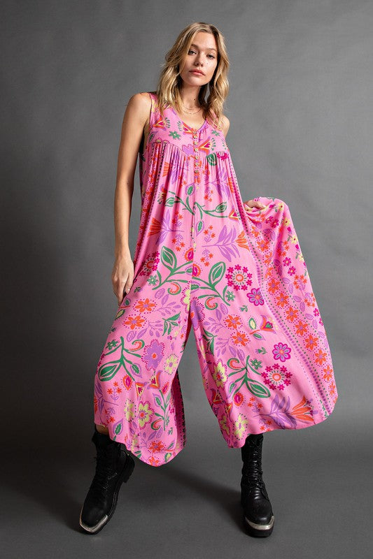 Vintage floral print loose sleeveless jumpsuit