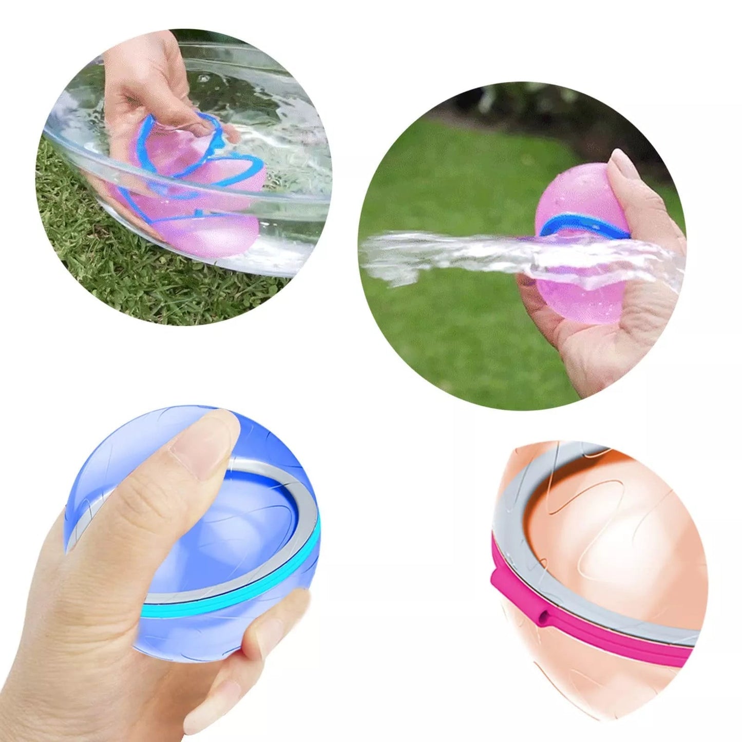 A reusable water balloon, quickly fillable with water for children to refill and reuse